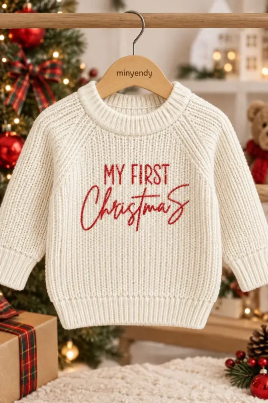 İlk Yeni Yıl Nakışlı Konsept Kız Erkek Bebek Çocuk Triko Kazak Yılbaşı Noel Kıyafeti Kostümü - Kırmızı - 2