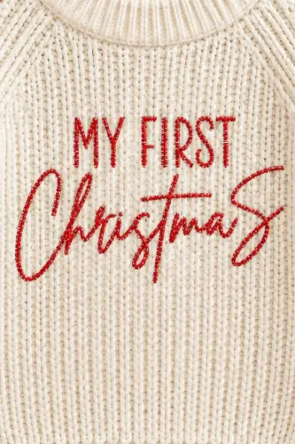 İlk Yeni Yıl Nakışlı Konsept Kız Erkek Bebek Çocuk Triko Kazak Yılbaşı Noel Kıyafeti Kostümü - Kırmızı - 3
