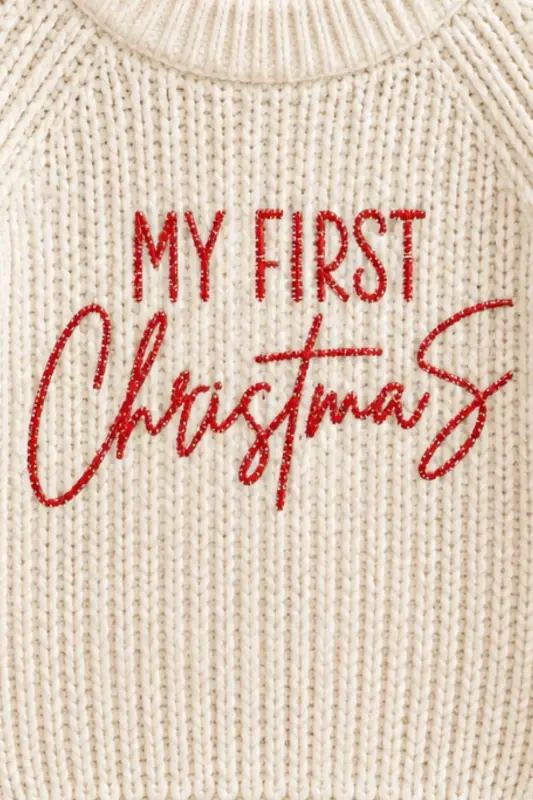 İlk Yeni Yıl Nakışlı Konsept Kız Erkek Bebek Çocuk Triko Kazak Yılbaşı Noel Kıyafeti Kostümü - Kırmızı - 3