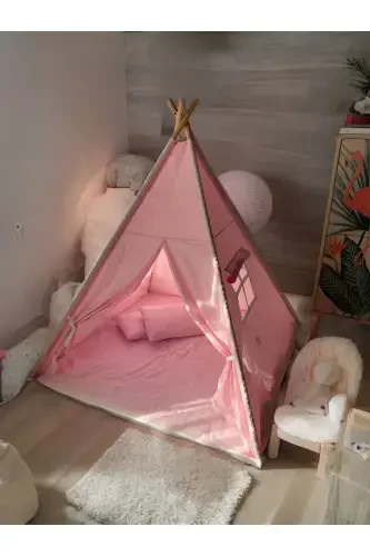 Illuminated Children's Play Tent Teepee Playhouse with Mat and Pillow Pink-Pink - 1