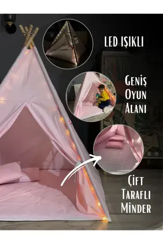 Illuminated Children's Play Tent Teepee Playhouse with Mat and Pillow Pink-Pink - YHH KIDS (1)