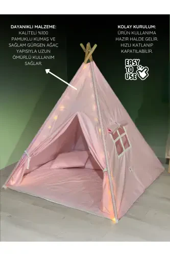Illuminated Children's Play Tent Teepee Playhouse with Mat and Pillow Pink-Pink - 3