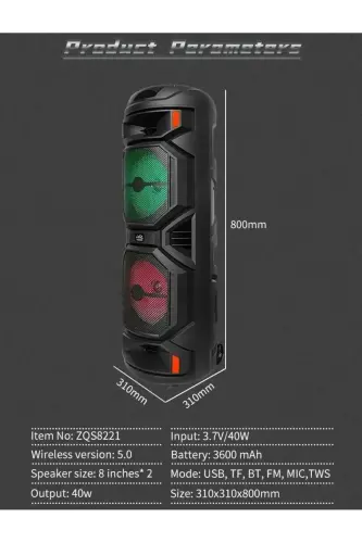 Illuminated Large Party Box Bluetooth Speaker Portable Rechargeable Sound System with RADIO Karaoke Mic - 6