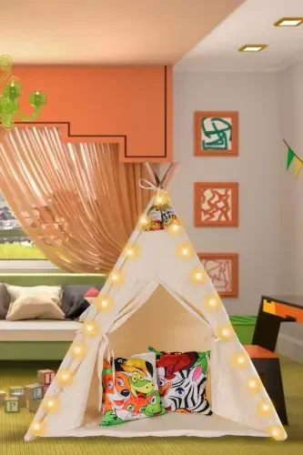 Illuminated Organic Native American Play Tent Wooden Activity Area Thick Padded Playhouse - 1