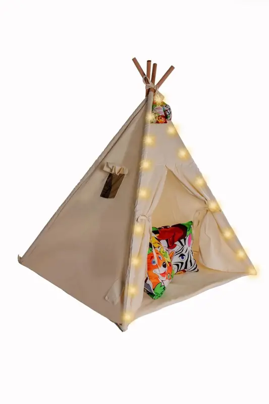 Illuminated Organic Native American Play Tent Wooden Activity Area Thick Padded Playhouse - 2
