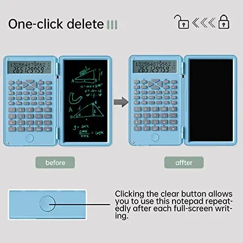 Ilmiy kalkulyator yozuv plansheti bilan, Protable buklanadigan kalkulyator bloknoti 2 tasi 1 da LCD ilmiy kalkulyator bloknoti Professional moliyaviy kalkulyator ofis uy maktab kolleji uchun(Qora) - 3
