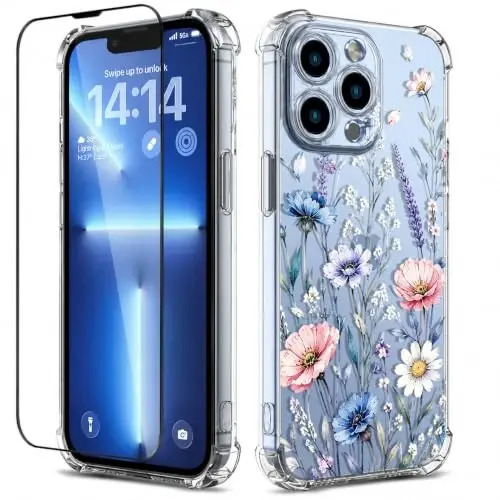 ilnehc Case for iPhone 13 Pro 6.1, Clear Floral Case-Blushing Meadow | Screen Protector Included | Camera Protection | Women & Girls | Soft TPU - 1