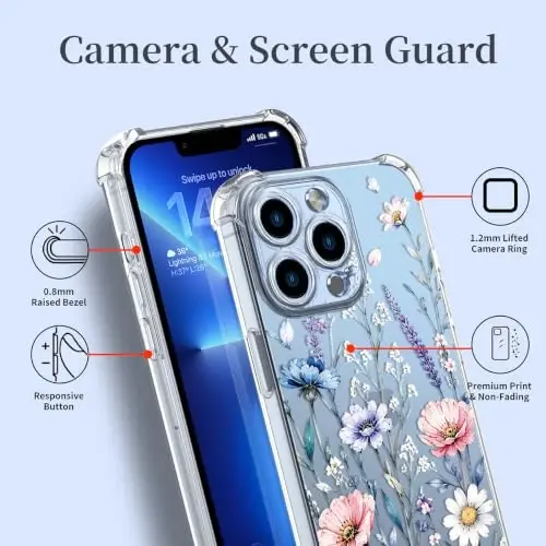 ilnehc Case for iPhone 13 Pro 6.1, Clear Floral Case-Blushing Meadow | Screen Protector Included | Camera Protection | Women & Girls | Soft TPU - 4