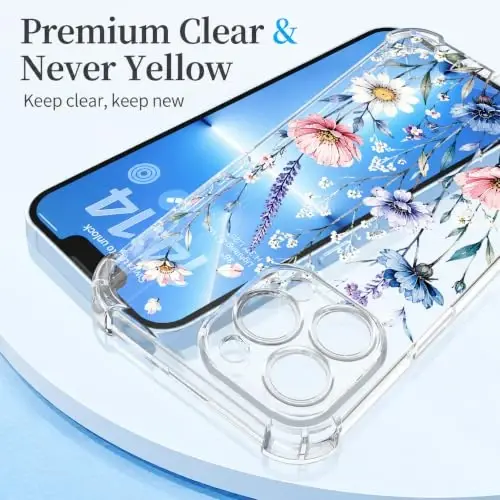 ilnehc Case for iPhone 13 Pro 6.1, Clear Floral Case-Blushing Meadow | Screen Protector Included | Camera Protection | Women & Girls | Soft TPU - 5