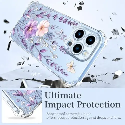 ilnehc Case for iPhone 13 Pro 6.1, Clear Floral Case-Butterfly Meadow | Screen Protector Included | Camera Protection | Women & Girls | Soft TPU - 3