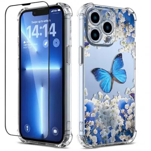 ilnehc Case for iPhone 13 Pro 6.1, Clear Floral Case-Butterfly/Blue | Screen Protector Included | Camera Protection | Women & Girls | Soft TPU - 1