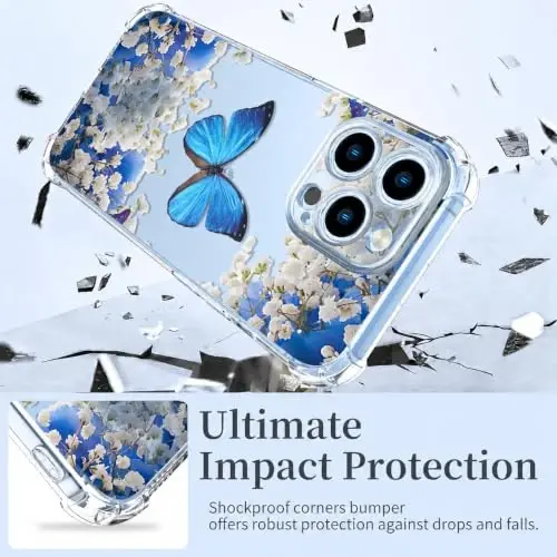 ilnehc Case for iPhone 13 Pro 6.1, Clear Floral Case-Butterfly/Blue | Screen Protector Included | Camera Protection | Women & Girls | Soft TPU - 3