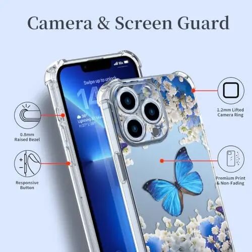 ilnehc Case for iPhone 13 Pro 6.1, Clear Floral Case-Butterfly/Blue | Screen Protector Included | Camera Protection | Women & Girls | Soft TPU - 4