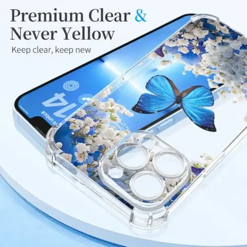 ilnehc Case for iPhone 13 Pro 6.1, Clear Floral Case-Butterfly/Blue | Screen Protector Included | Camera Protection | Women & Girls | Soft TPU - 5