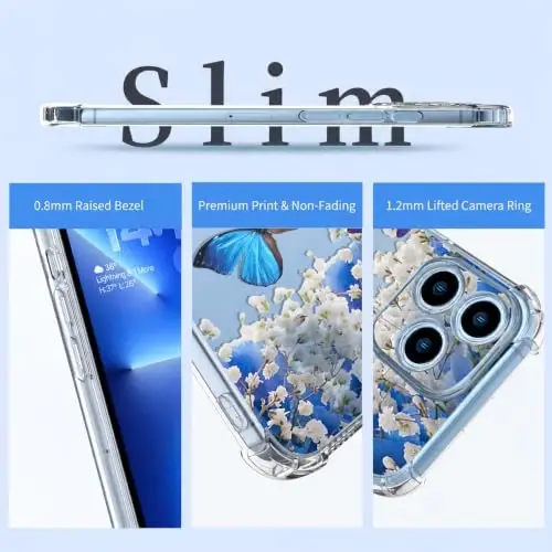 ilnehc Case for iPhone 13 Pro 6.1, Clear Floral Case-Butterfly/Blue | Screen Protector Included | Camera Protection | Women & Girls | Soft TPU - 6