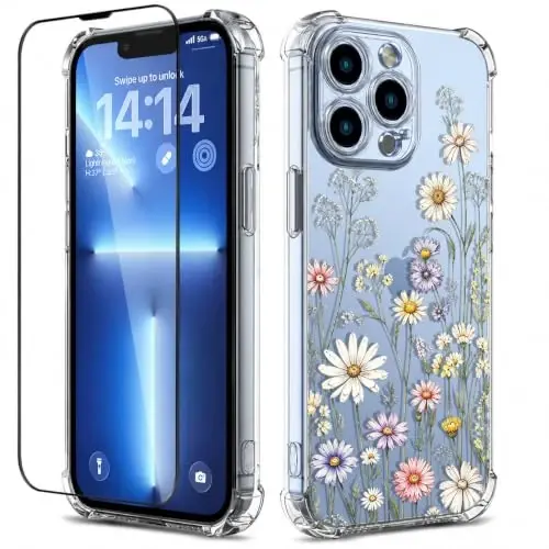 ilnehc Case for iPhone 13 Pro 6.1, Clear Floral Case-Daisy Meadow | Screen Protector Included | Camera Protection | Women & Girls | Soft TPU - 1