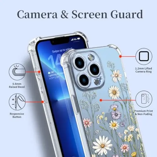 ilnehc Case for iPhone 13 Pro 6.1, Clear Floral Case-Daisy Meadow | Screen Protector Included | Camera Protection | Women & Girls | Soft TPU - 4