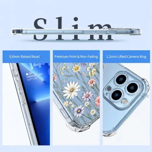 ilnehc Case for iPhone 13 Pro 6.1, Clear Floral Case-Daisy Meadow | Screen Protector Included | Camera Protection | Women & Girls | Soft TPU - 6