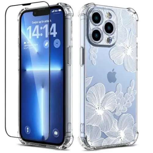 ilnehc Case for iPhone 13 Pro 6.1, Clear Floral Case-Flower-2/White | Screen Protector Included | Camera Protection | Women & Girls | Soft TPU - 1
