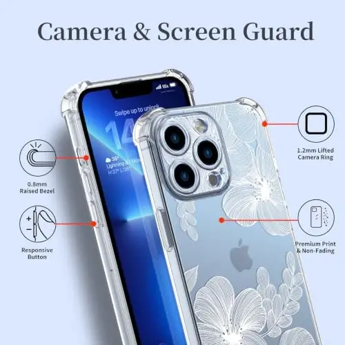 ilnehc Case for iPhone 13 Pro 6.1, Clear Floral Case-Flower-2/White | Screen Protector Included | Camera Protection | Women & Girls | Soft TPU - 4