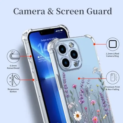 ilnehc Case for iPhone 13 Pro 6.1, Clear Floral Case-Lavender Garden | Screen Protector Included | Camera Protection | Women & Girls | Soft TPU - 4
