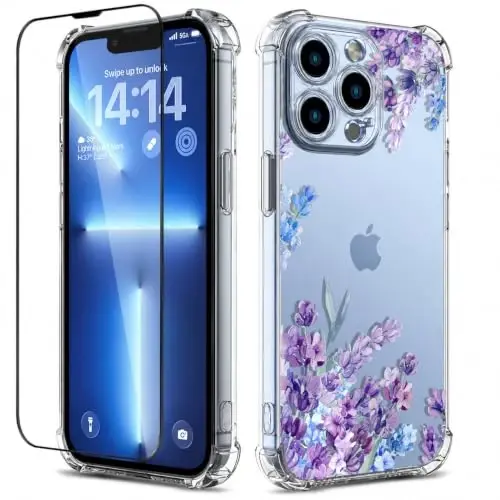 ilnehc Case for iPhone 13 Pro 6.1, Clear Floral Case-Lavender/Purple | Screen Protector Included | Camera Protection | Women & Girls | Soft TPU - 1