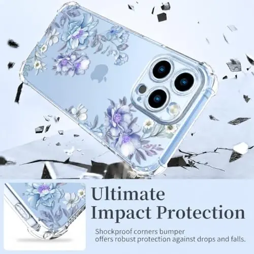 ilnehc Case for iPhone 13 Pro 6.1, Clear Floral Case-Magnolia/Blue | Screen Protector Included | Camera Protection | Women & Girls | Soft TPU - 3