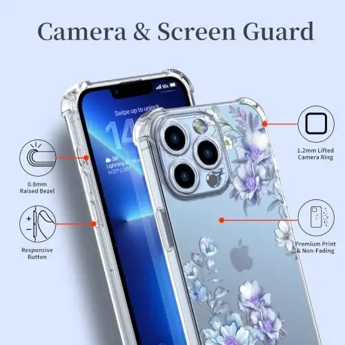 ilnehc Case for iPhone 13 Pro 6.1, Clear Floral Case-Magnolia/Blue | Screen Protector Included | Camera Protection | Women & Girls | Soft TPU - 4