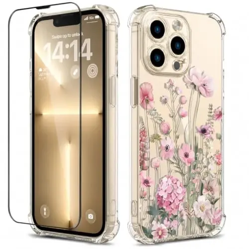 ilnehc Case for iPhone 13 Pro 6.1, Clear Floral Case-Mallow/Pink | Screen Protector Included | Camera Protection | Women & Girls | Soft TPU - 1