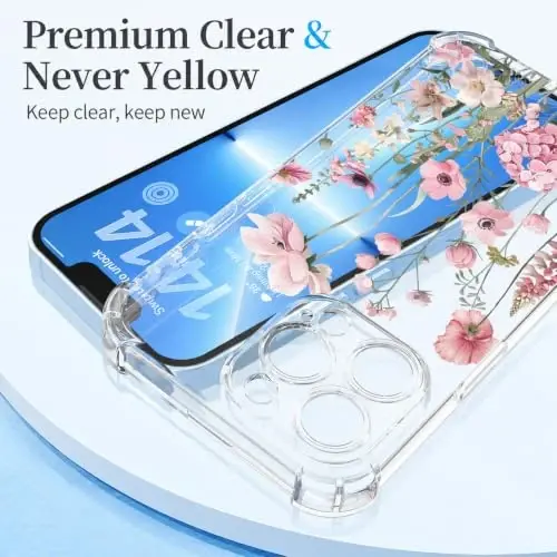 ilnehc Case for iPhone 13 Pro 6.1, Clear Floral Case-Mallow/Pink | Screen Protector Included | Camera Protection | Women & Girls | Soft TPU - 5