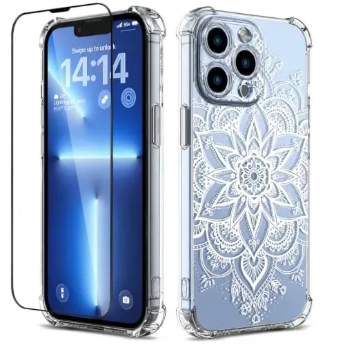 ilnehc Case for iPhone 13 Pro 6.1, Clear Floral Case-Mandala | Screen Protector Included | Camera Protection | Women & Girls | Soft TPU - 1