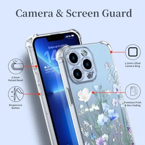 ilnehc Case for iPhone 13 Pro 6.1, Clear Floral Case-Oriental Lily | Screen Protector Included | Camera Protection | Women & Girls | Soft TPU - 4