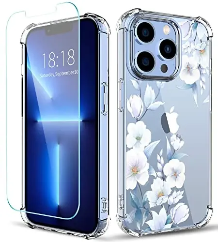 ilnehc Case for iPhone 13 Pro 6.1,Clear Floral Case-Hibiscus/Blue | Screen Protector Included | Camera Protection | Women & Girls | Soft TPU - 1