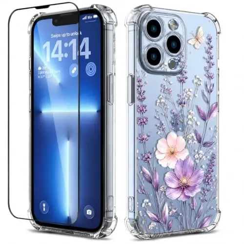 ilnehc Case for iPhone 13 Pro Max,Clear Floral Case-Butterfly Meadow | Screen Protector Included | Camera Protection | Women & Girls | Soft TPU - 1