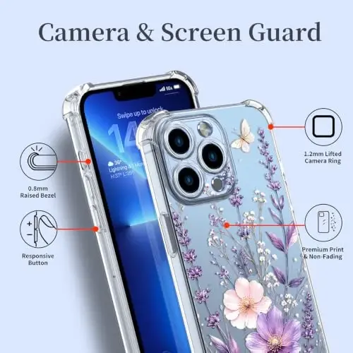 ilnehc Case for iPhone 13 Pro Max,Clear Floral Case-Butterfly Meadow | Screen Protector Included | Camera Protection | Women & Girls | Soft TPU - 4