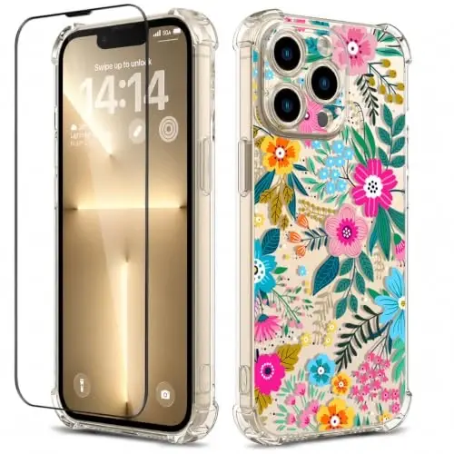 ilnehc Case for iPhone 13 Pro Max,Clear Floral Case-Colorful Blooming | Screen Protector Included | Camera Protection | Women & Girls | Soft TPU - 1