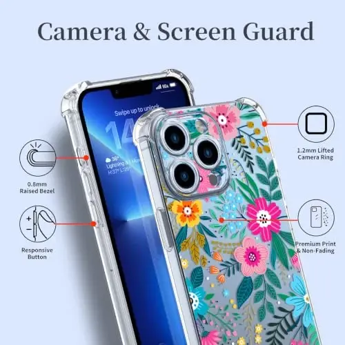 ilnehc Case for iPhone 13 Pro Max,Clear Floral Case-Colorful Blooming | Screen Protector Included | Camera Protection | Women & Girls | Soft TPU - 4