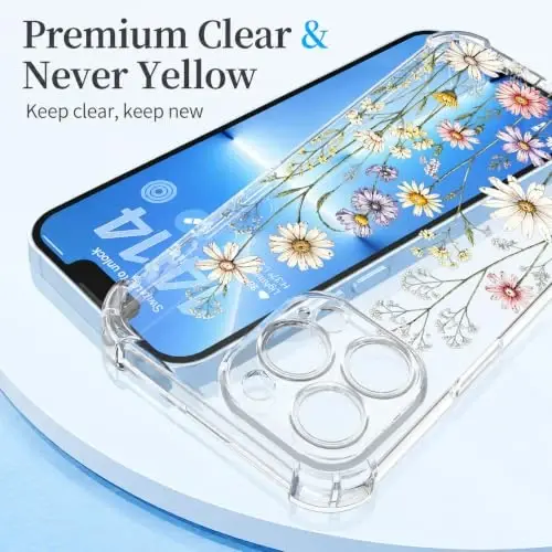 ilnehc Case for iPhone 13 Pro Max,Clear Floral Case-Daisy Meadow | Screen Protector Included | Camera Protection | Women & Girls | Soft TPU - 5