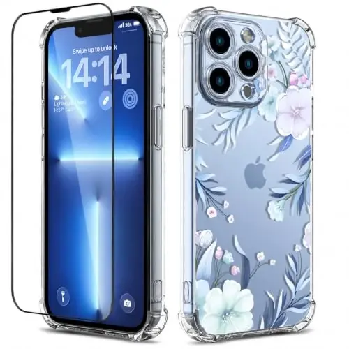 ilnehc Case for iPhone 13 Pro Max,Clear Floral Case-Hibiscus | Screen Protector Included | Camera Protection | Women & Girls | Soft TPU - 1