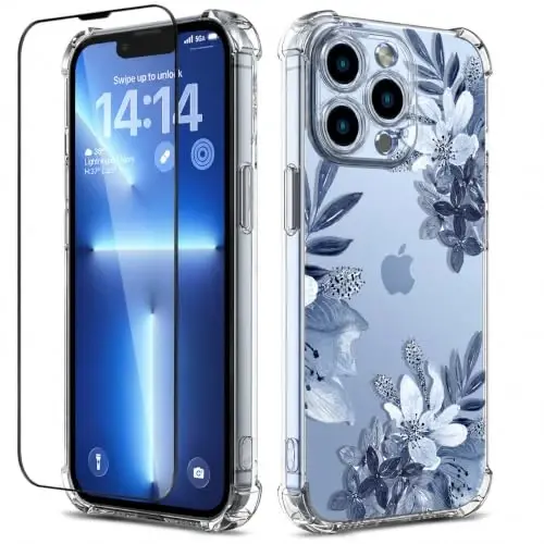 ilnehc Case for iPhone 13 Pro Max,Clear Floral Case-Ink Painting | Screen Protector Included | Camera Protection | Women & Girls | Soft TPU - ILNEHC