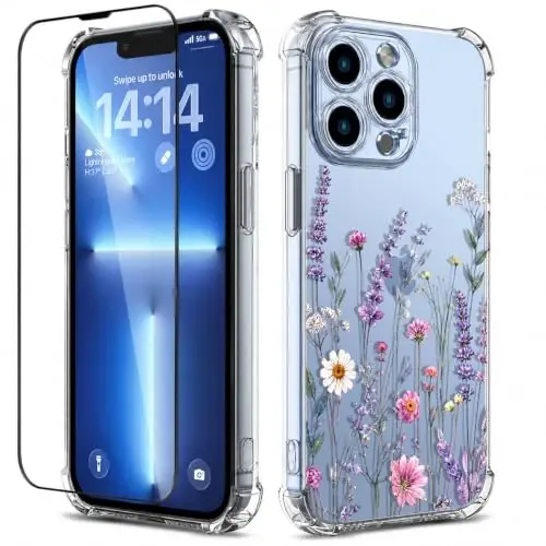 ilnehc Case for iPhone 13 Pro Max,Clear Floral Case-Lavender Garden | Screen Protector Included | Camera Protection | Women & Girls | Soft TPU - 1