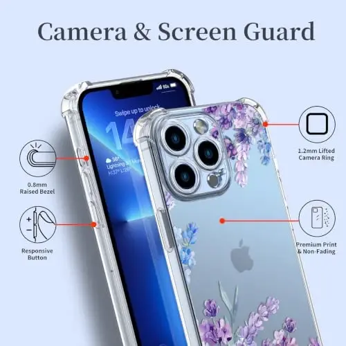 ilnehc Case for iPhone 13 Pro Max,Clear Floral Case-Lavender/Purple | Screen Protector Included | Camera Protection | Women & Girls | Soft TPU - 4
