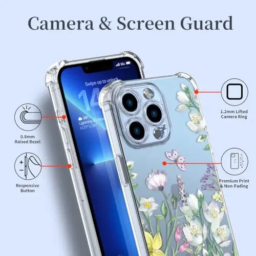 ilnehc Case for iPhone 13 Pro Max,Clear Floral Case-Lotus Summer | Screen Protector Included | Camera Protection | Women & Girls | Soft TPU - 4