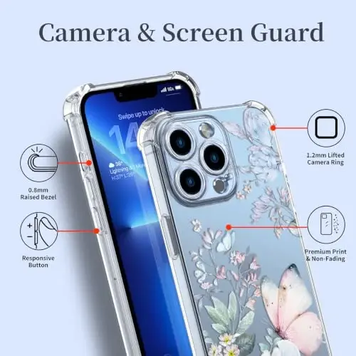 ilnehc Case for iPhone 13 Pro Max,Clear Floral Case-Magic Butterfly | Screen Protector Included | Camera Protection | Women & Girls | Soft TPU - 4