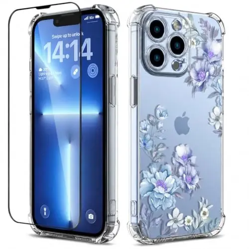 ilnehc Case for iPhone 13 Pro Max,Clear Floral Case-Magnolia/Blue | Screen Protector Included | Camera Protection | Women & Girls | Soft TPU - 1