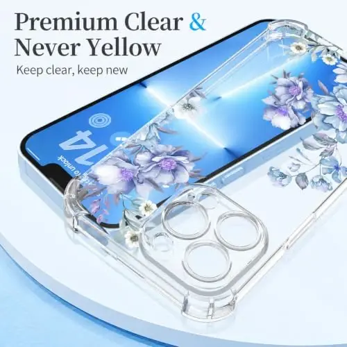 ilnehc Case for iPhone 13 Pro Max,Clear Floral Case-Magnolia/Blue | Screen Protector Included | Camera Protection | Women & Girls | Soft TPU - 5