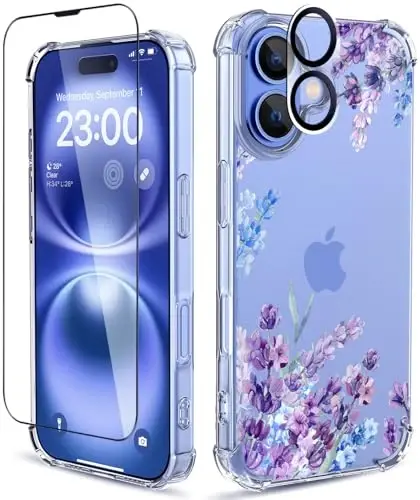 ilnehc чехол для iPhone 16 Plus, [3 в 1] с защитным стеклом и защитой для камеры, с цветочным узором, прозрачный мягкий противоударный тонкий цветочный чехол для телефона для женщин и девочек 2024 6,7