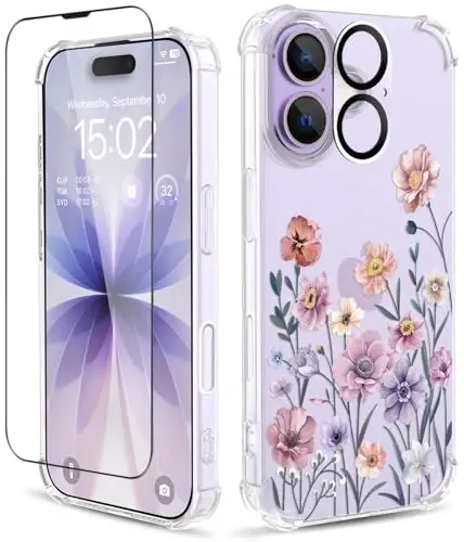 ilnehc для чехла iPhone 17, [3 в 1], с защитной пленкой для экрана и защитой объектива камеры, с цветочным узором, прозрачный мягкий ударопрочный тонкий цветочный чехол для телефона для женщин и девочек 2025, 6,3 дюйма (Floratopia/Colorful) 
