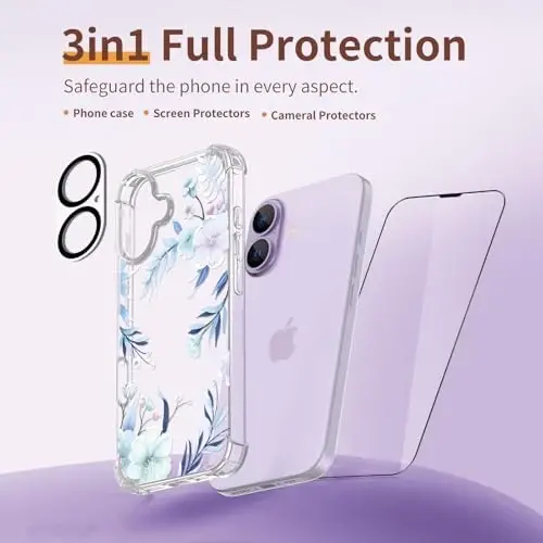 ilnehc для чехла iPhone 17, [3 в 1] с защитной пленкой для экрана и защитой объектива камеры, с цветочным узором, прозрачный мягкий ударопрочный тонкий цветочный чехол для телефона для женщин и девочек 2025 6,3 дюйма (Гибискус) - 6