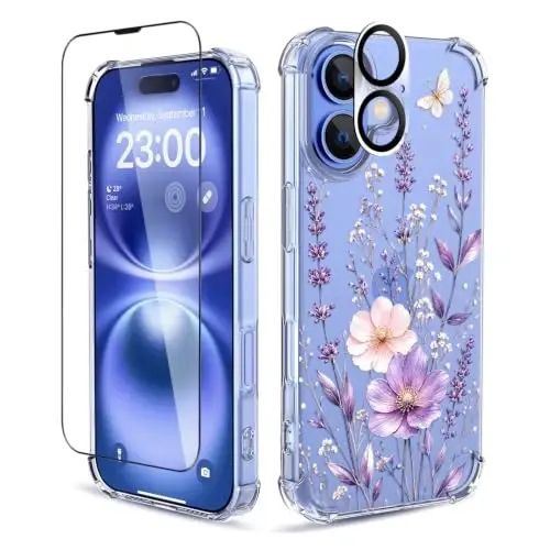 ilnehc for iPhone 16 Case, 3 in 1 Screen & Lens Protectors, Floral Cover | Soft TPU Material | Flower Design | Shockproof | Designed for Women Girls，Butterfly Meadow - ILNEHC